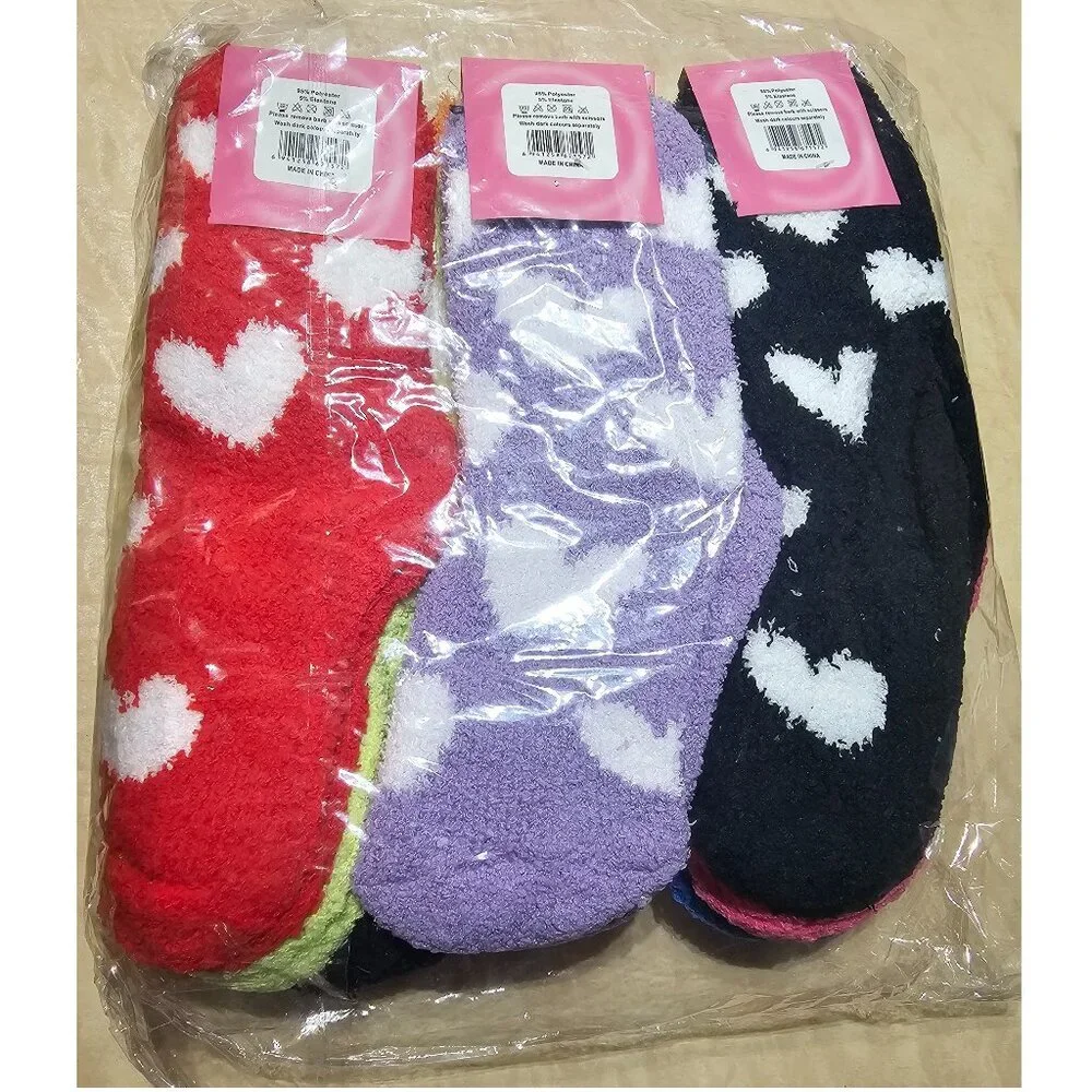 Soft & Cosy Fuzzy Socks, Heart Pattern, 6 pairs